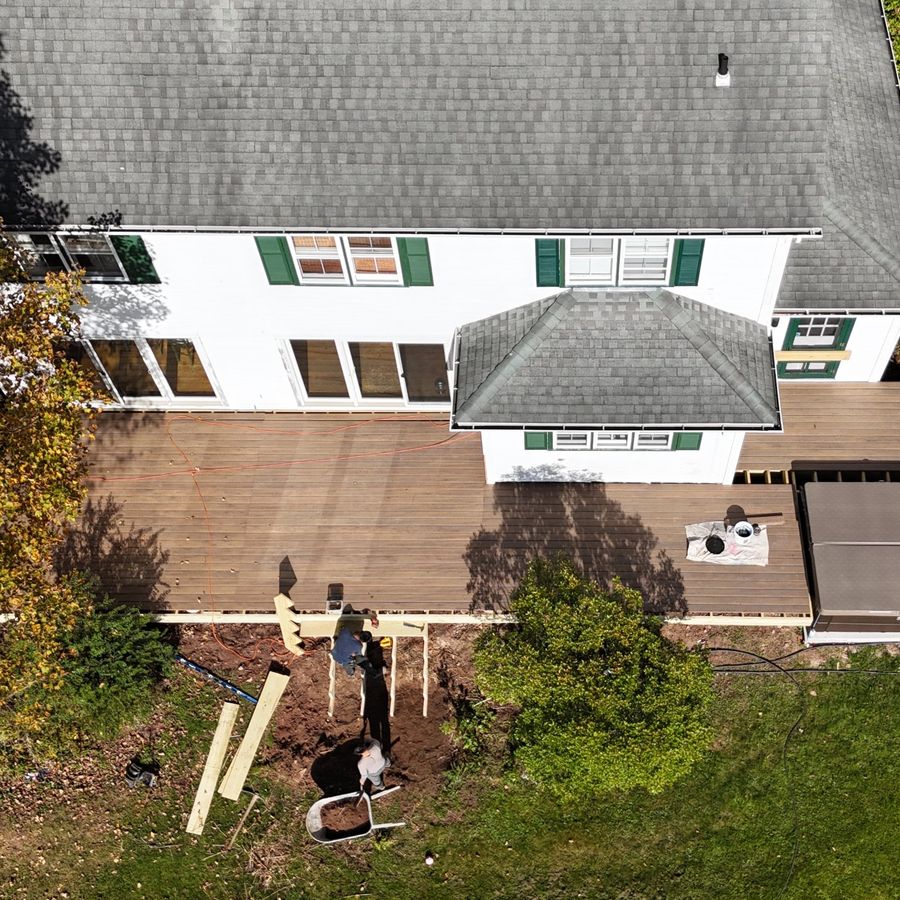 Drone view of composite decking installed while the crew builds the main stairs